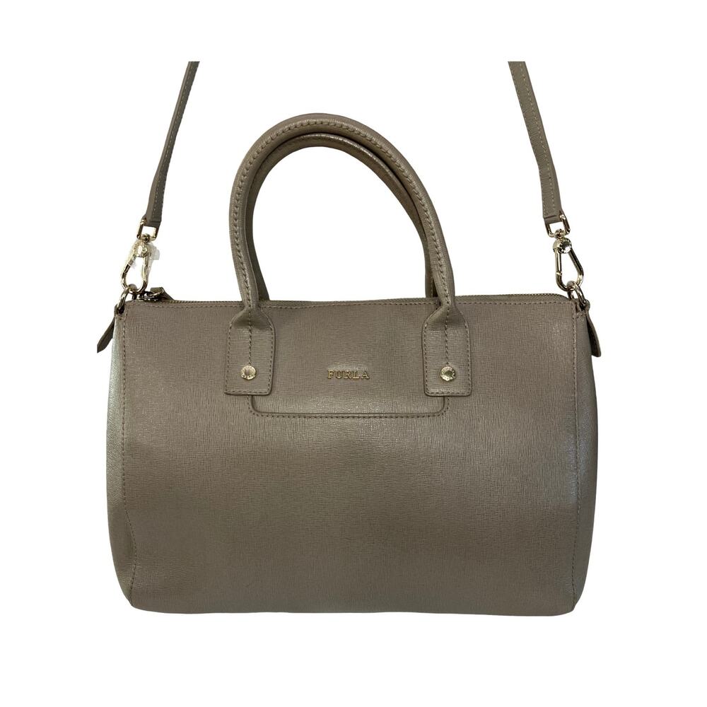 Furla Gray Saffiano Leather Satchel Tote Bag Crossbody Strap Italy Luxury